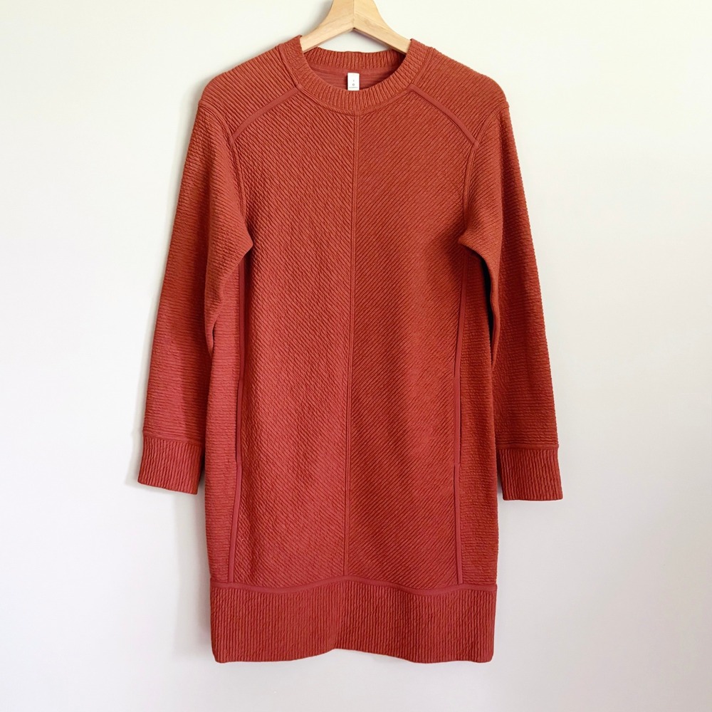 Lululemon On Repeat Rust Orange Textured Long Sleeve Dress Size 4 Mini Pockets